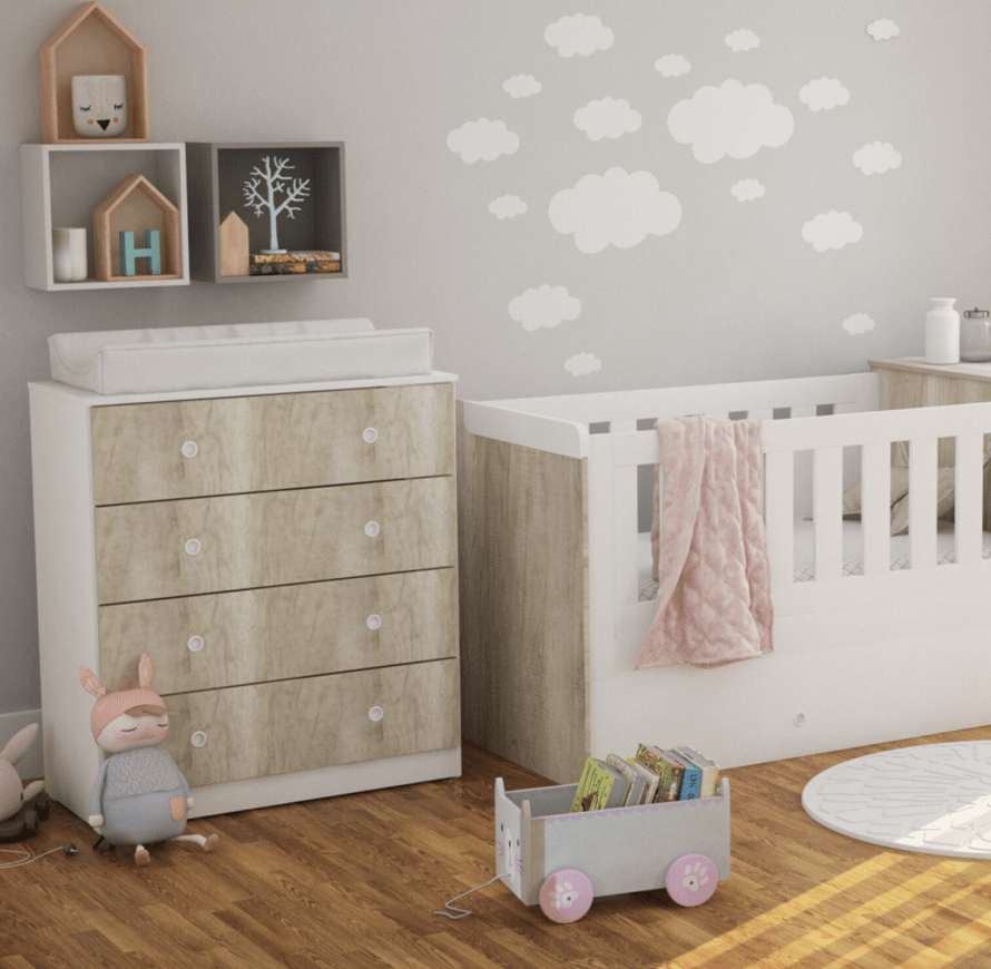 Cuna funcional Nordica y blanca / Toda Blanca + Carrocama + Comoda infantil