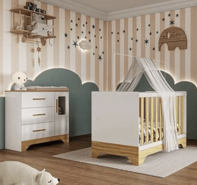 COMBO LINEA EVOLUTIVA : Modelo ETERNIA / Cuna colecho 4 en 1 + Comoda cambiador de bebes + Con Acolchado + Chichonera + Almohadon + Banderines (copia)