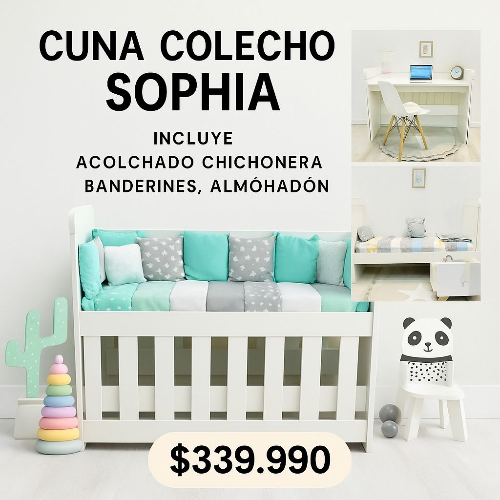 Cuna Colecho “Sophia” Incluye : Acolchado Chichonera y Almohadon Y banderines Escritorio y Minicama