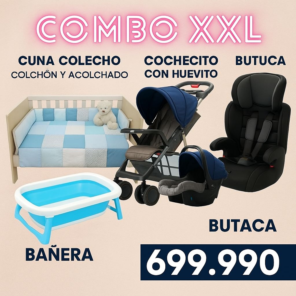 Combo XXL: Coche cuna con huevito + Cuna Colecho Lola con colchon + acolchado + chichonera + almohadon + Banderines + Butaca de auto 6 meses a 10 años.