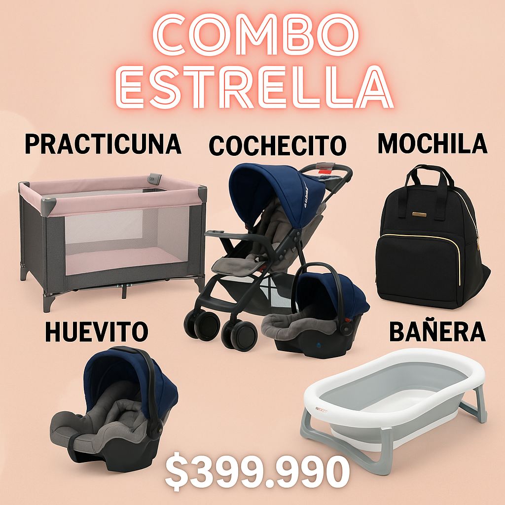 COMBO ESTRELLA: Practicuna colecho + Coche con huevito para el auto + Bañera Plegable + Mochila maternal termica