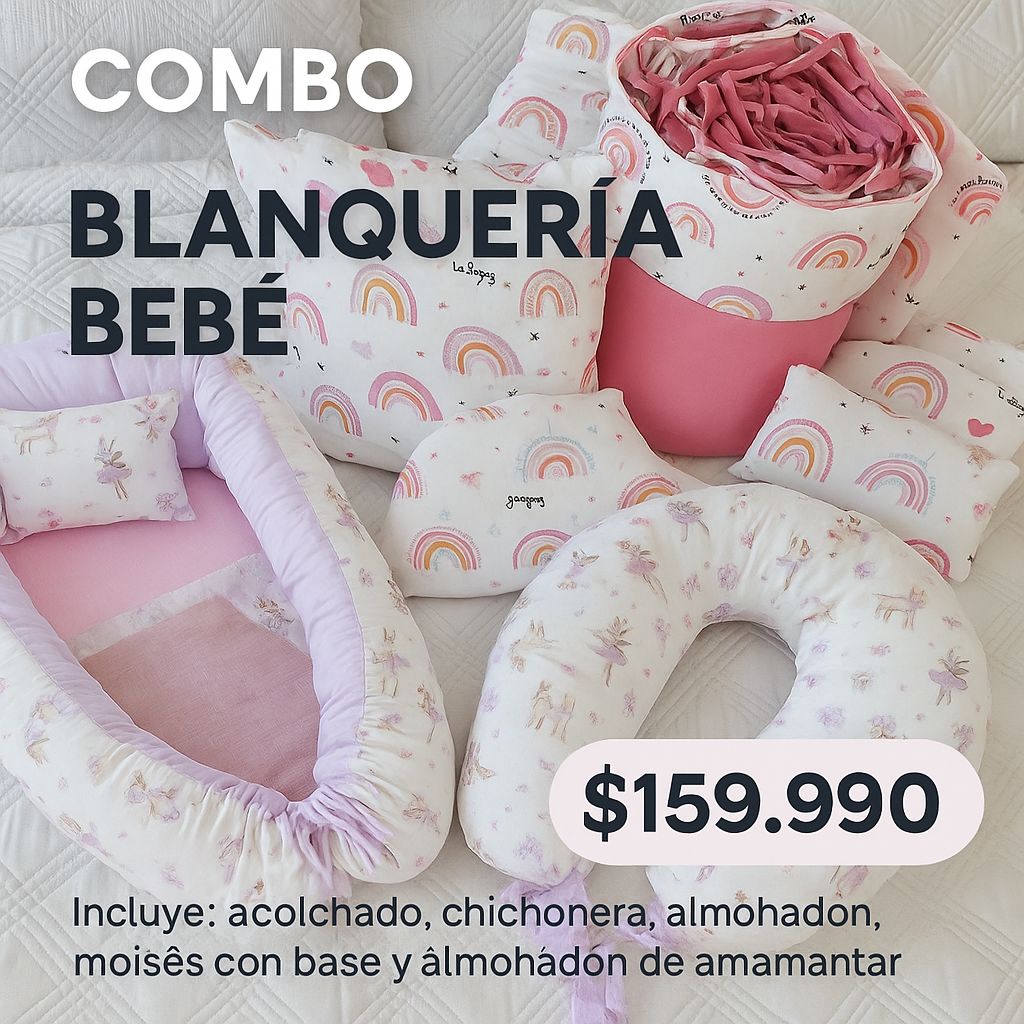 COMBO BLANQUERIA PREMIUM: ACOLCHADO + CHICHONERA + ALMOHADON + MOISES CON NIDO + ALMOHADON DE AMAMANTAR (Para Cuna Colecho 1.20 x 0.60)