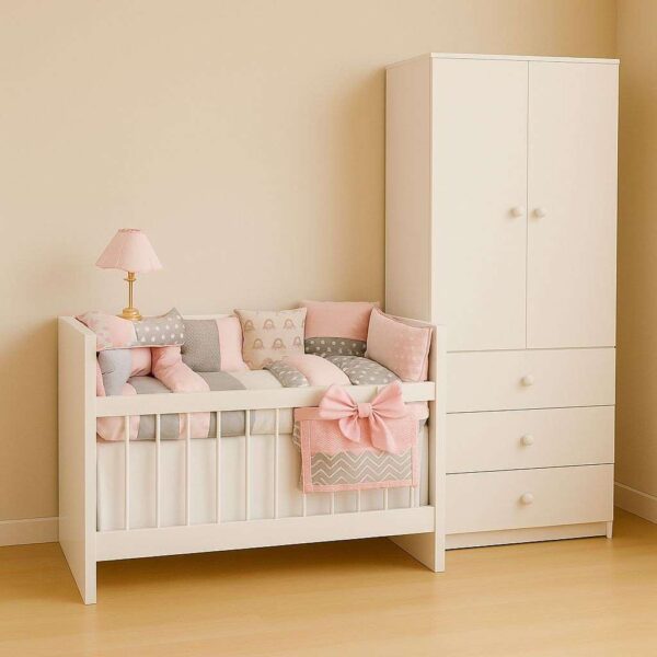 Dormi LOLA: Cuna Colecho “Lola” + Ropero + Acolchado Chichonera Almohadon y Banderines + Colchon