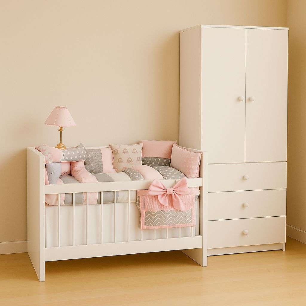 Dormi LOLA: Cuna Colecho “Lola” + Ropero + Acolchado Chichonera Almohadon y Banderines + Colchon