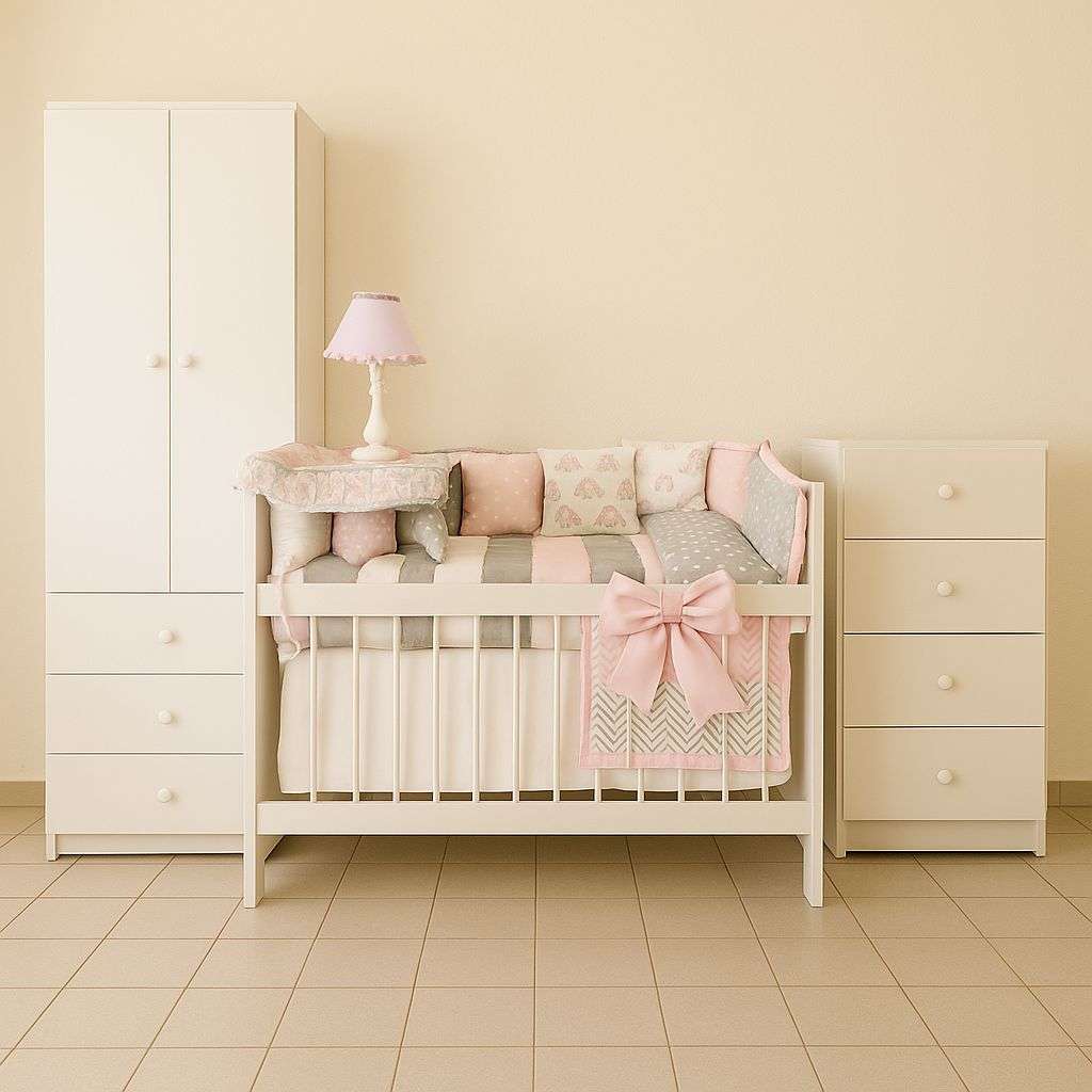 Combo Dormi Colecho 2: Cuna Colecho “Lola” + Ropero + Chiffonier + Acolchado Chichonera Almohadon y Banderines