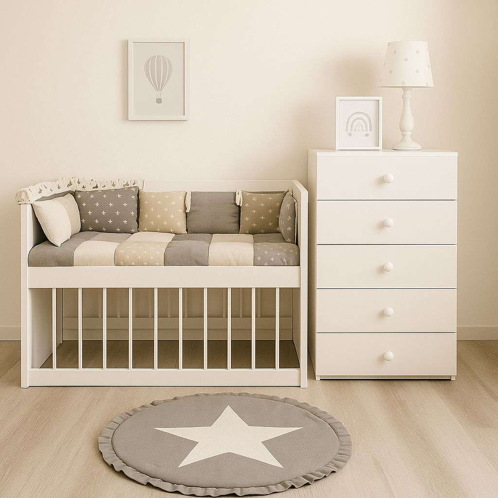 Combo Dormi Colecho 1: Cuna Colecho “Lola” + Chiffonier + Acolchado Chichonera Almohadon y Banderines