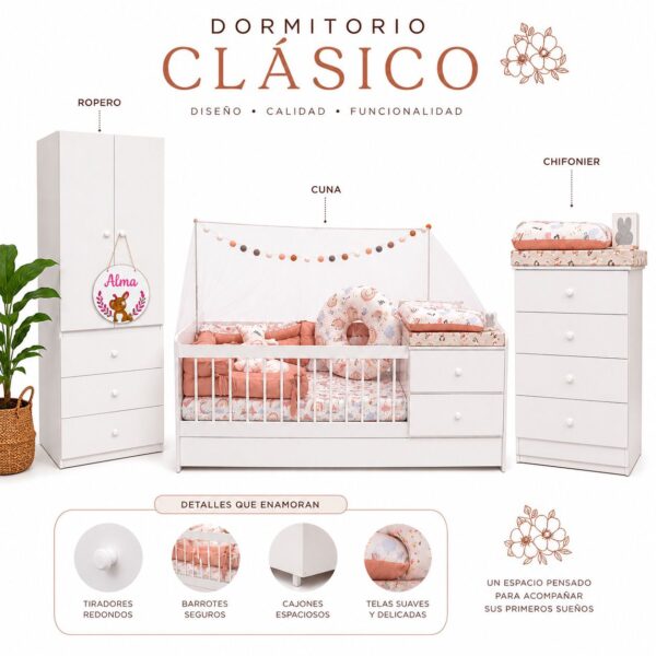 Dormitorio Completo “Clasico” MEGA PLUS: Cuna funcional + Ropero + Chiffonier + Colchon + Acolchado + Chichonera + Almohadon + Banderines + Cambiador semirrigido + Cuadrito deco + Velador.