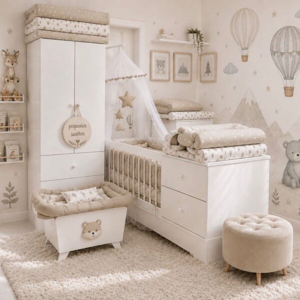Dormitorio Completo “Clasico” MEGA PLUS: Cuna funcional + Ropero + Chiffonier + Colchon + Acolchado + Chichonera + Almohadon + Banderines + Cambiador semirrigido + Cuadrito deco + Velador.