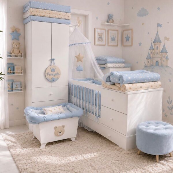 Dormitorio Completo “Clasico” PLUS Cuna funcional + Ropero + Colchon + Acolchado + Chichonera + Almohadon + Banderines