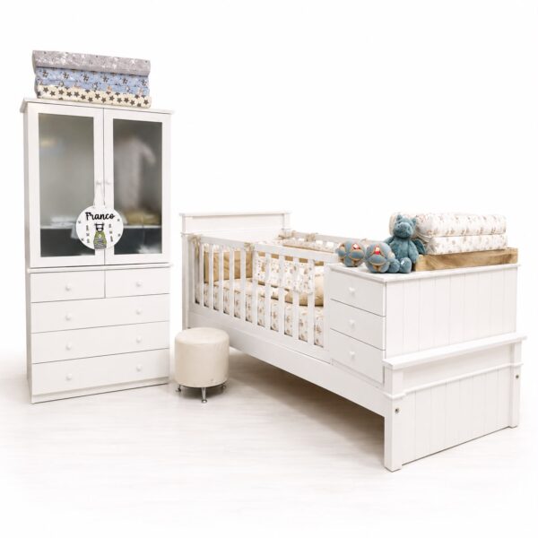 DORMITORIO EMPERADOR: Cuna Funcional EMPERADOR 1 pza y media + Ropero Emperador + Colchon + Acolchado + Chichonera + Almohadon + Banderines