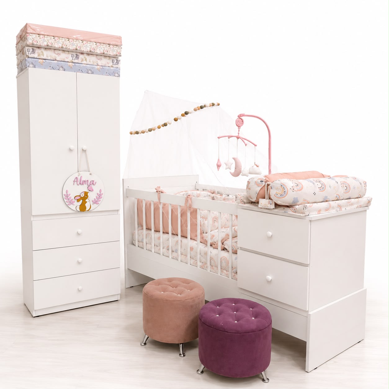 Dormitorio Completo “Clasico” PLUS Cuna funcional + Ropero + Colchon + Acolchado + Chichonera