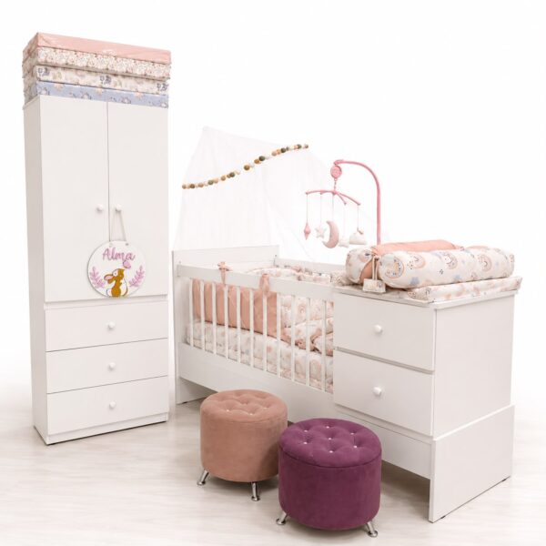 Dormitorio Completo “Clasico” PLUS Cuna funcional + Ropero + Colchon + Acolchado + Chichonera + Almohadon + Banderines