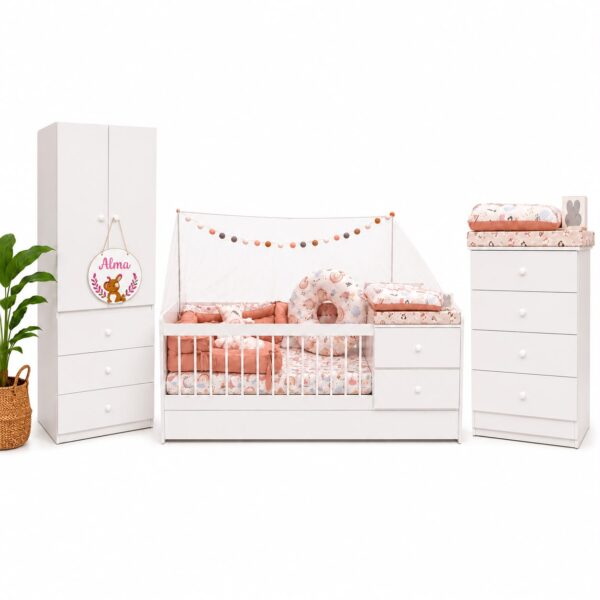 Dormitorio Completo “Clasico” MEGA PLUS: Cuna funcional + Ropero + Chiffonier + Colchon + Acolchado + Chichonera + Almohadon + Banderines + Cambiador semirrigido + Cuadrito deco + Velador.